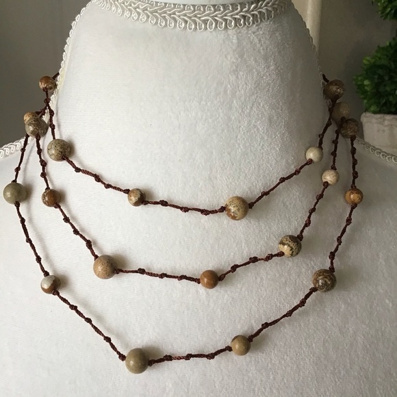 LAST 1! Crochet & Stone LONG Necklace BROWN Bead Strand Knot Boho Festival NEW - Picture 1 of 6